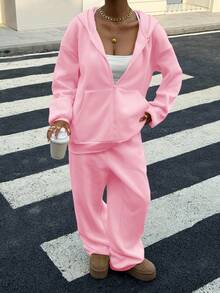 Muchica Bộ đồ 2 món tay dài trễ vai màu trơn đơn giản dành cho nữ - Hồng - Xem 5