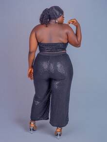 CurvyTilda Plus Size Women Solid Color Elastic Waist Wide Leg Loose Sequin Pants, For Hourglass Body Shape - Black - View 7