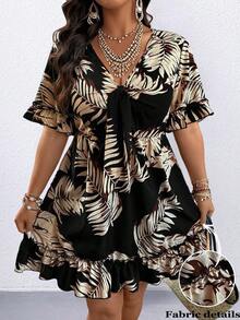 SHEIN PETITE CURVE Petite Women's Casual Vacation Oversized Floral Cinched Waist A-Line Dress - Black - View 1