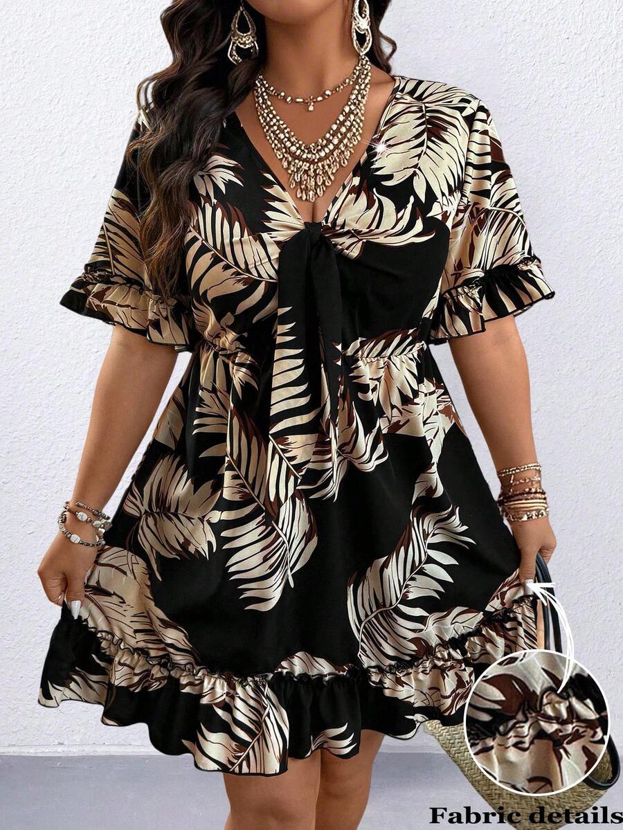 SHEIN PETITE CURVE Petite Women's Casual Vacation Oversized Floral Cinched Waist A-Line Dress - Black - View 1