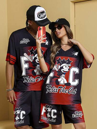 Felix The Cat X SHEIN Men's 1set Letter & Cartoon Graphic V-Neck Short Sleeve T-Shirt And Shorts Set