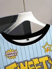 LOONEY TUNES X SHEIN 大码夏季休闲条纹卡通图案圆领短袖T恤 - 白色 - 查看 3