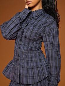 COUREZ Chemise ajustée à manches longues froncée en carreaux noirs et bleus / Top à la mode Y2K pour l'automne et l'hiver, Top de sortie, streetwear, Nouvel An - Bleu marine - Voir 5