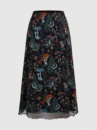 Fairycore Gonna celestiale con stampa di funghi e foglie per donne, autunno/inverno