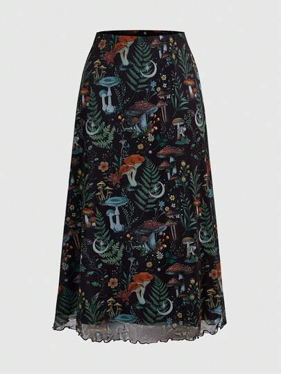 Fairycore Gonna celestiale con stampa di funghi e foglie per donne, autunno/inverno