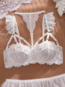 SHEIN 5pcs/Set White Lace Hollow Cap Sleeve Bralette Halter Collar + Mesh Tulle Puff Skirt + White Lace Thong Panty + Garter Belt + Leg Garter, Sexy Girly Style - White - View 5