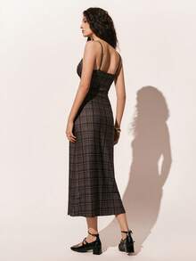 Poéselle Women's Elegant Lace Trim Plaid Sleeveless Midi Dress, Summer - Brown - View 2