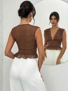 Firerie Women's Elegant Romantic Date Night Brown Lace V-Neck Sleeveless Ruffle Hem Fitted Blouse, Spring/Summer New Ladies Top, Afternoon Tea, Vacation, Graceful Top - Coffee Brown - View 2