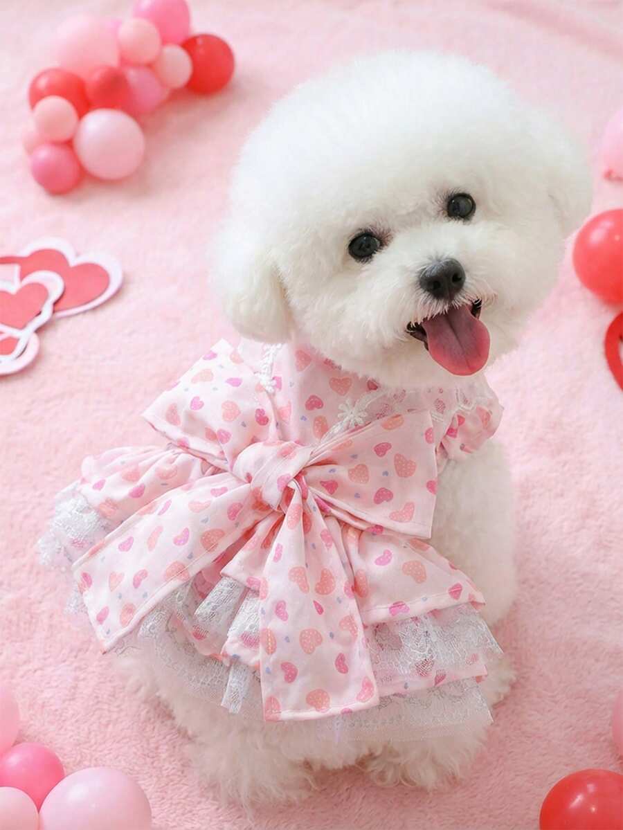 PETSIN 1件猫狗服装，可爱粉色公主风连衣裙，带有心形图案，适合宠物春季穿着 - 粉色 - 查看 1