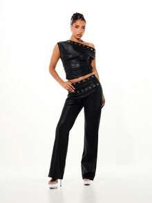 SUMWON WOMEN High Waisted Faux Leather Wide Leg Palazzo Pants With Metal Eyelet Belt Detail For Formal Occasions - Black - View 5
