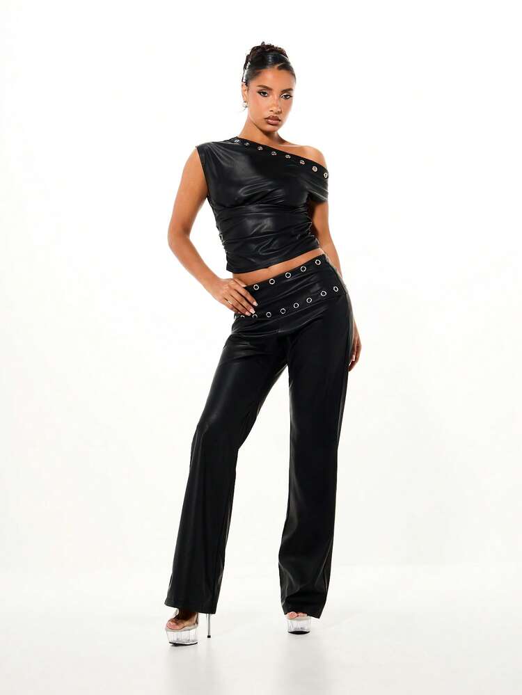 SUMWON WOMEN フォーマルな機会向け メタルアイレット ベルト付き ハイウエスト フェイクレザー ワイドレッグパラッツォパンツ