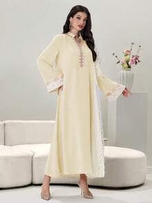 Yasmyna Embroidered Trim Contrast Color Block Mandarin Collar Long Tunic Kaftan Jalabiya Dress - Khaki - View 6