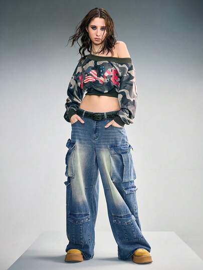 Crop top sexy in stile Y2K con stampa mimetica obliqua, con grafica di bandiera, cuore e labbra, per donne