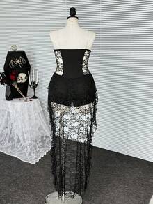 Coolane Vestido negro asimétrico con hombros descubiertos, cintura ceñida, mangas abullonadas de encaje, cómodo y elástico, para fiestas, estilo gótico, grunge, Y2K y punk, para mujer talla grande, para otoño/invierno y todo el año