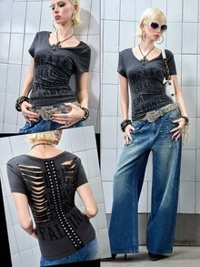 ROMWE Grunge Punk K-Pop Kreuz- und Buchstaben-Muster Carmenausschnitt Langarm T-Shirt für Frauen, romantischer Punk-Stil - Grau - Übersicht 9