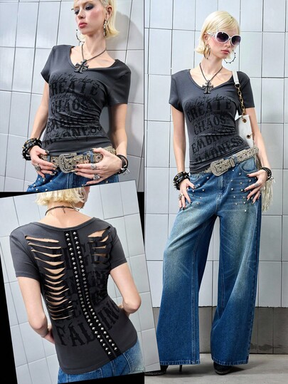 Grunge Punk Camiseta de manga larga con estampado de cruz y letras con hombros descubiertos para mujer, estilo romántico punk