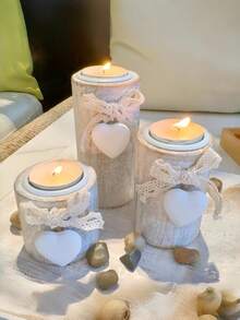 Weißer Holz Kerzenhalter Set, Teelichthalter, süße dekorative Holzschale mit Teelichthaltern und dekorativen Steinen für gemütliche Atmosphäre, Holz Kerzenständer Hochzeit Jahrestag Muttertags Geschenk, Party Dekoration - Weißes Kerzenhalter-Set - Übersicht 8