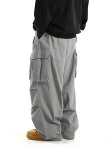 Chillumni Loose Men's Flap Pocket Side Drawstring Waist Cargo Pants Men Oversized Pants Parachute Pants Baggy Cargo Pants Grey Cargo Pants Baggy Cargos Men - Light Grey - View 2
