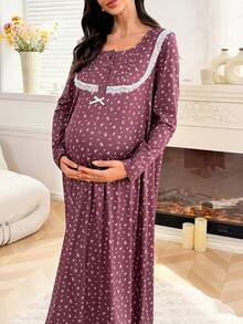 Moonlight&Mama Snygg blommig kontrasterande spetsklänning med långa ärmar för gravida - Multifärgad - Visa 4