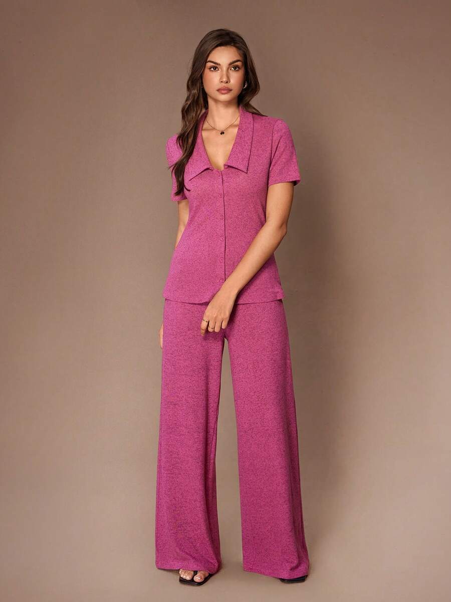 Lazeform 女士简约纯色翻领单排扣修身短袖阔腿裤休闲套装，适合户外穿着 - 玫紅色 - 查看 1