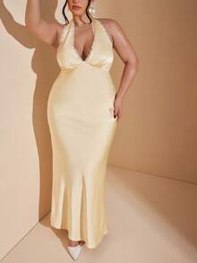 SHEIN BAE Plus Size Elegant Satin Dress, V-Neck Lace Trim Sleeveless Cocktail Party Gown, Formal Occasion Bridesmaid Dress, Birthday Mini Dress, Yellow Satin Long Dress, Cocktail Party, Business Casual,Prom, Valentine's Day, Thanksgiving, Parties, Weddings, Plus Size Satin Dress, Long Satin Dress, Plus Size Evening Gown, Curve Formal Dress Women Dresses Champagne - Yellow - View 6