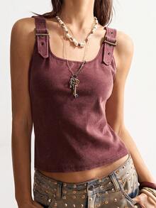 Bohemela Plus Size Women Solid Color Adjustable Buckle Design Casual Tank Top - Burgundy - View 4
