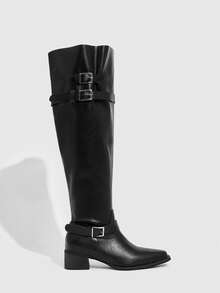 CUCCOO SZL 女士时尚百搭通勤搭扣粗跟过膝长靴 - 黑色 - 查看 2