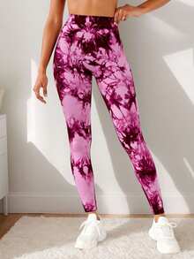Leggings yoga mujer cintura alta, pantalones deportivos sin costuras, elevación de glúteos y abdomen, estampado tie-dye, estilo dinámico - Rosa violeta - Ver 2