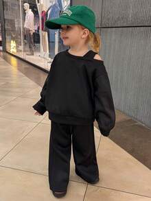 DAZY 2件套女童针织抓绒斜肩长袖卫衣和高腰抽绳喇叭休闲裤套装，秋季 - 黑色 - 查看 3