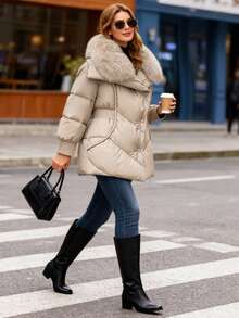 GlowEve CURVE Plus Size Women Long Padded Coat With Fur Collar - Khaki - View 3