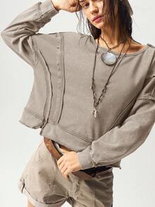 Bohemela Sweatshirt Wanita Lengan Panjang Berkerudung Longgar Model Crop Warna Polos Gaya BOHO Kasual untuk Musim Gugur/Dingin - Aprikot - View 4