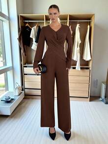 Siren Gaze 2pcs Women Elegant Dark Brown Pants Set,Overlapping Wrap Long Sleeve Top & Wide-Leg Pants Suit,French Office Style Autumn Outfit,Minimalist Clothes - Brown - View 4