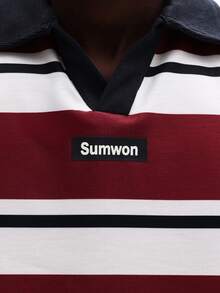 SUMWON قميص بولو بياقة مقلم وأكمام قصيرة، شعار على الصدر، أزرار، طراز كاجوال صيفي، قصة منتظمة، مريح للارتداء اليومي - الأحمر - مشاهدة 6