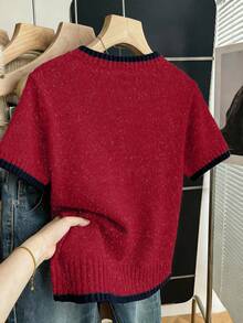 SHEIN Franclia Neue Sommer Lässig personalisierte Patchwork Kontrastfarben elegante Strickbluse für Frauen - Rot - Übersicht 2
