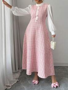 Modelyn Plus Size Tweed Woven Textured Long Sleeve Fitted A-Line Dress, Autumn/Winter - Pink - View 6