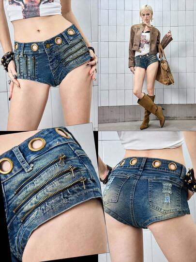 J-Fashion Shorts vaqueros mini de talle súper bajo, lavado vintage, con decoración de ojetes y cremallera, estilo retro subcultura Y2K streetwear para mujer
