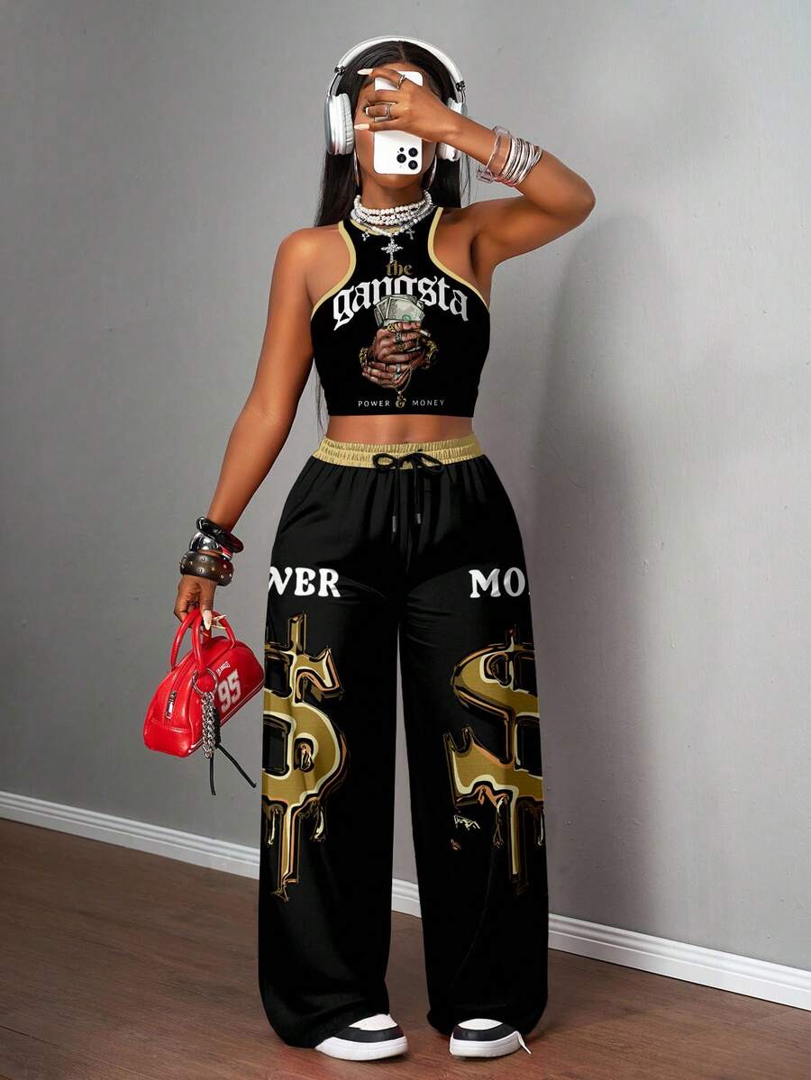 Slaydiva 黑色套装/女士外出套装/女士休闲街头风吊带背心和宽松长裤两件套/Y2K服装/街头服饰/女士两件套/返校季/休闲街头风/嘻哈套装/匪帮图案 - 彩色 - 查看 1