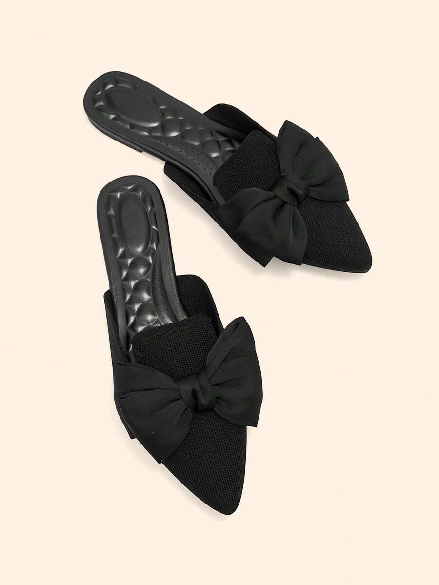 CUCCOO BASICS Women's Casual Low Vamp Bowknot Floral Striped Backless Spring Breathable Flat Shoes, Black - Black - View 1