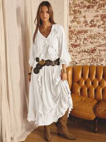 Aralina Women's Solid Color Ruffle V-Neck Casual Long Sleeve Dress - White - View 8