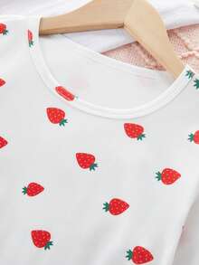 2pcs Girls Strawberry Print Long Sleeve Pajama Set, Comfortable Sleepwear Strawberry Pajama Set - Beige - View 4