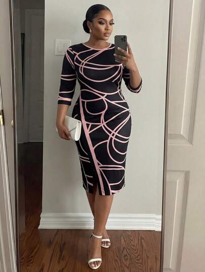 SHEIN Lady CURVE Vestido elegante de verano con cuello redondo, estampado total y abertura en talla grande