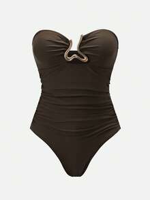 Swim Oasis 女士优雅不对称金属抹胸上衣和半裙套装 - 棕色 - 查看 4