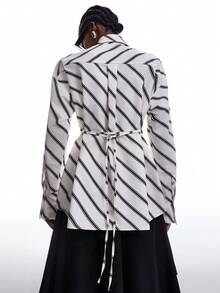 LYSMO 2025 New Arrival Minimalist Fall/Winter Women's Ultra-Wide Paded Shoulder Tie-Collar Long Sleeve Waist-Tie Shirt, Suitable For Everyday Wear, Daily Commute, Office, Siren Style, Urban Fashion Fashion Commuter Striped Tie-Waist Shirt/ Winter/Christmas/New Year /Thanksgiving - Black and White - View 2