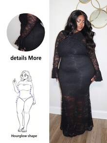 Hourglow Đầm bodycon dài tay ren đuôi cá hở lưng gợi cảm cỡ lớn thanh lịch cho nữ dự tiệc sang trọng - Z - màu đen - Xem 8