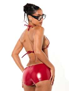 SUMWON WOMEN Red Vinyl Triangle Bralette And Booty Short Co-Ord Set Halter Neck Two Piece Outfit PU Leather Party Clubwear Festival Summer - Red - View 2