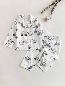 2件套幼儿男童可爱汽车玩具印花长袖上衣和裤子舒适阻燃休闲睡衣