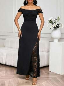 SHEIN Lady Váy dự tiệc ren chắp vá thanh lịch dành cho nữ - màu đen - Xem 7