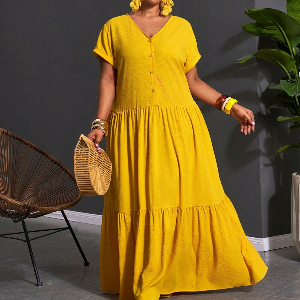 Plus Size Women's Mustard Yellow Summer Boho Vacation Holiday V-Neck Half-Placket Short Sleeve Ruffle Hem Maxi Dress,Elegant Beach Daily Wear Outfit
