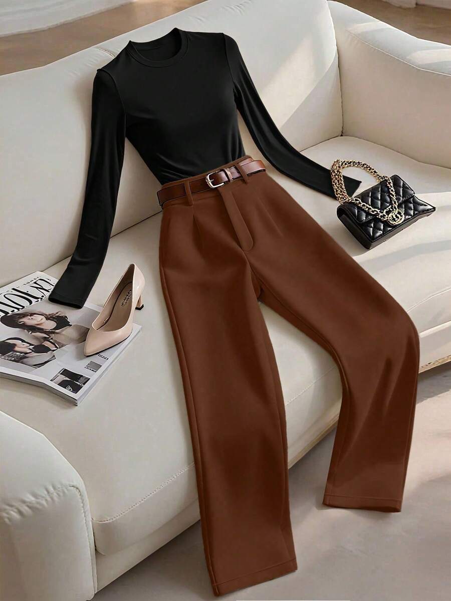 Franclia 2pcs Women Casual Solid Color Fitted Long Sleeve Top And Pants Set, Autumn Businesschic - Multicolor - View 1