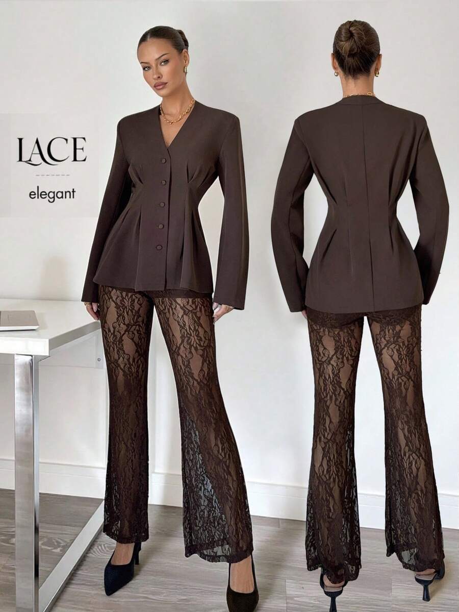 Siren Gaze 秋冬新款优雅美人鱼风女士通勤休闲套装，棕色蕾丝裤装，棕色西装外套和裤子套装，秋冬服装 - 棕色 - 查看 1